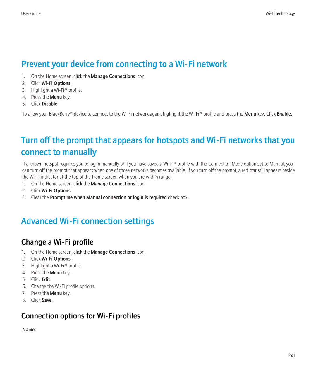 Blackberry 8350i manual Prevent your device from connecting to a Wi-Fi network, Advanced Wi-Fi connection settings 