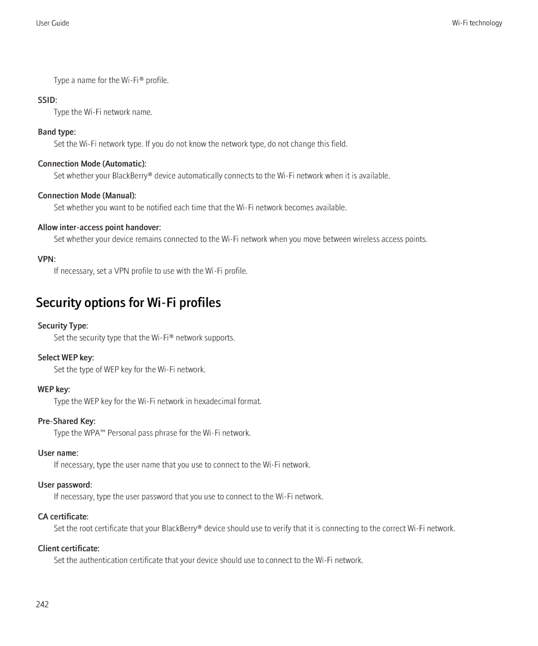 Blackberry 8350i manual Security options for Wi-Fi profiles, Ssid 