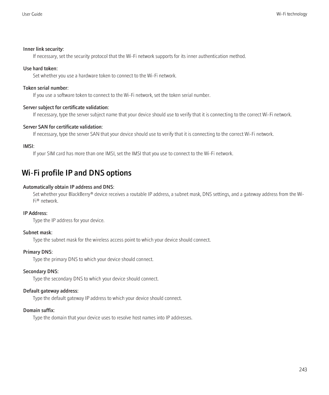 Blackberry 8350i manual Wi-Fi profile IP and DNS options, Imsi 