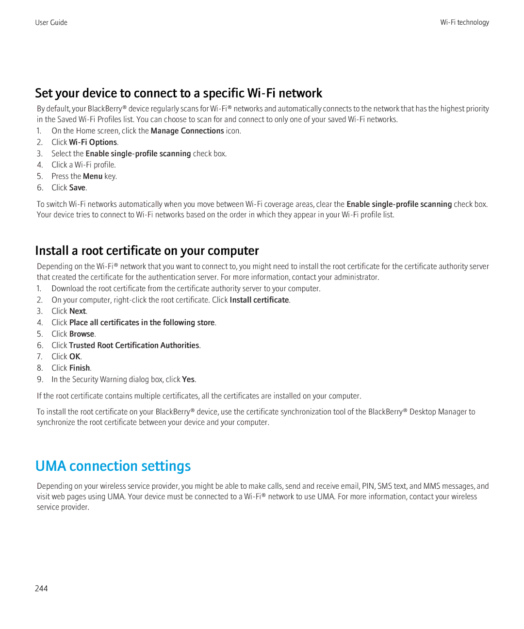 Blackberry 8350i manual UMA connection settings, Set your device to connect to a specific Wi-Fi network 