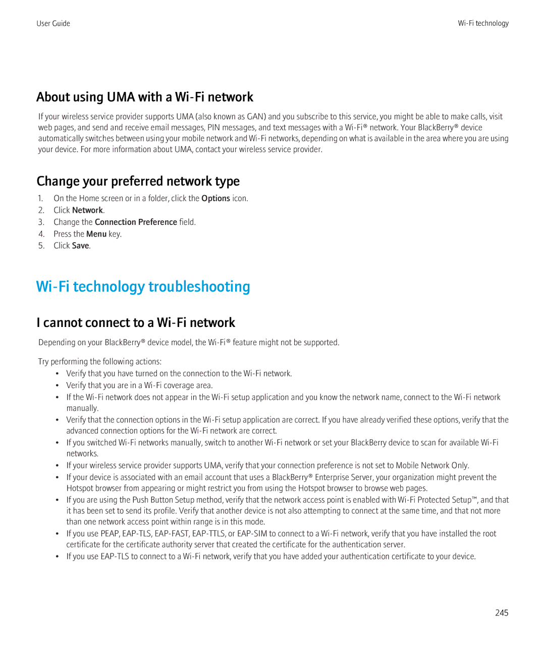 Blackberry 8350i Wi-Fi technology troubleshooting, About using UMA with a Wi-Fi network, Cannot connect to a Wi-Fi network 