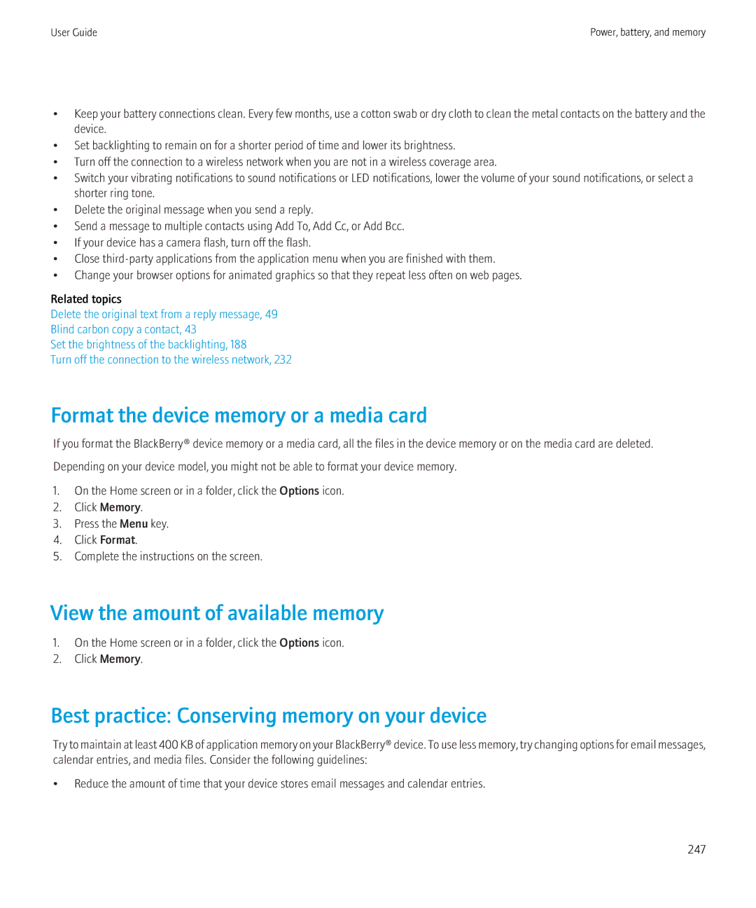 Blackberry 8350i manual Format the device memory or a media card, View the amount of available memory 