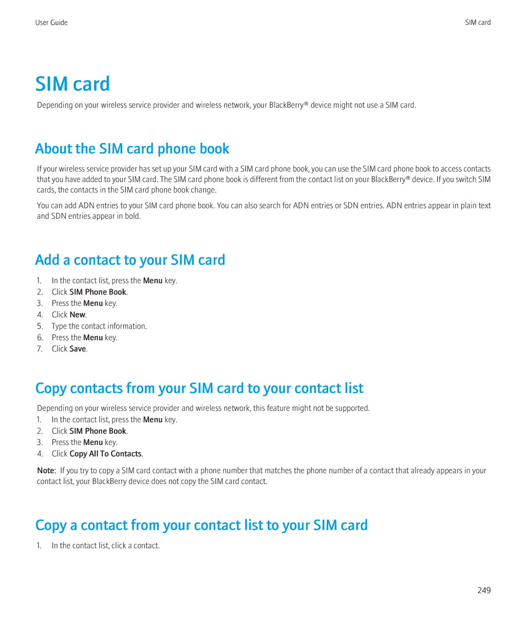 Blackberry 8350i manual About the SIM card phone book, Add a contact to your SIM card 