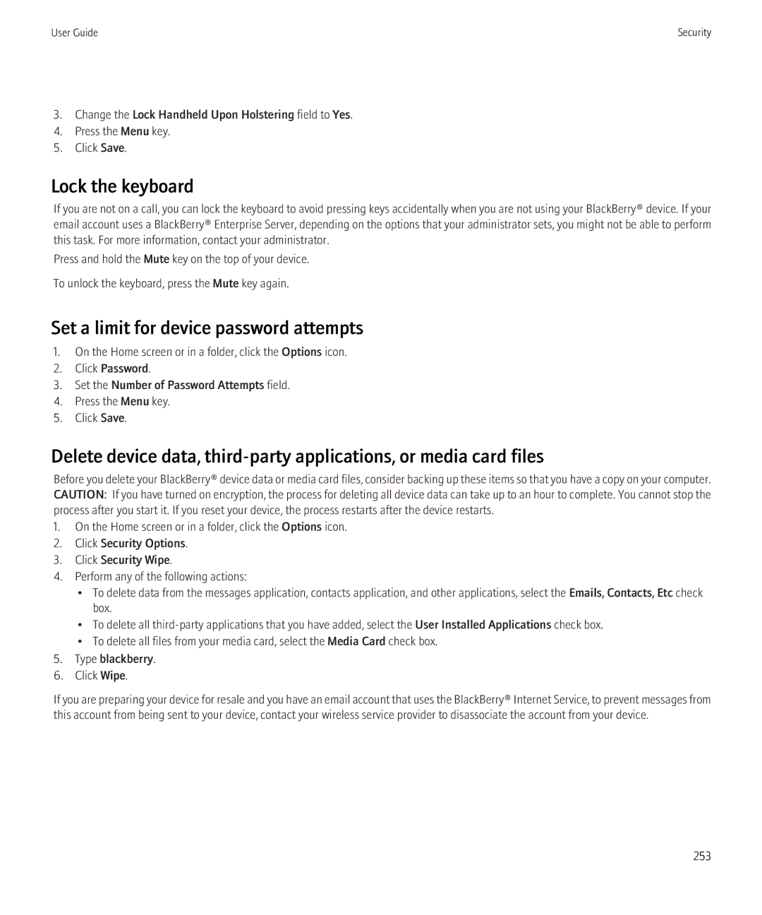 Blackberry 8350i manual Lock the keyboard, Set a limit for device password attempts 