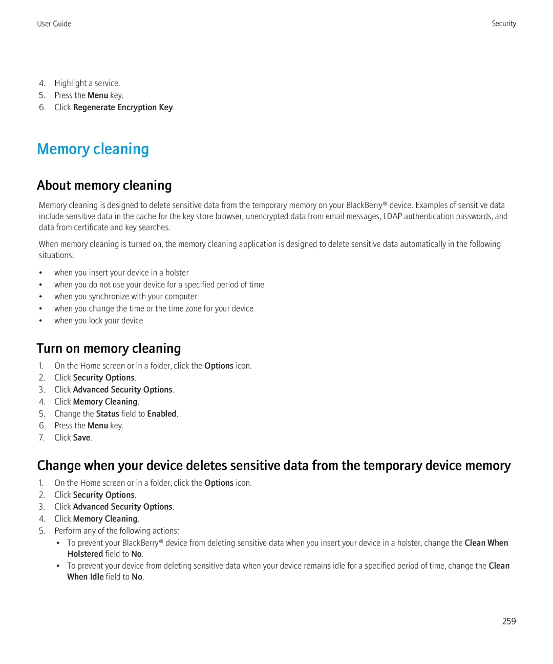 Blackberry 8350i manual Memory cleaning, About memory cleaning, Turn on memory cleaning 