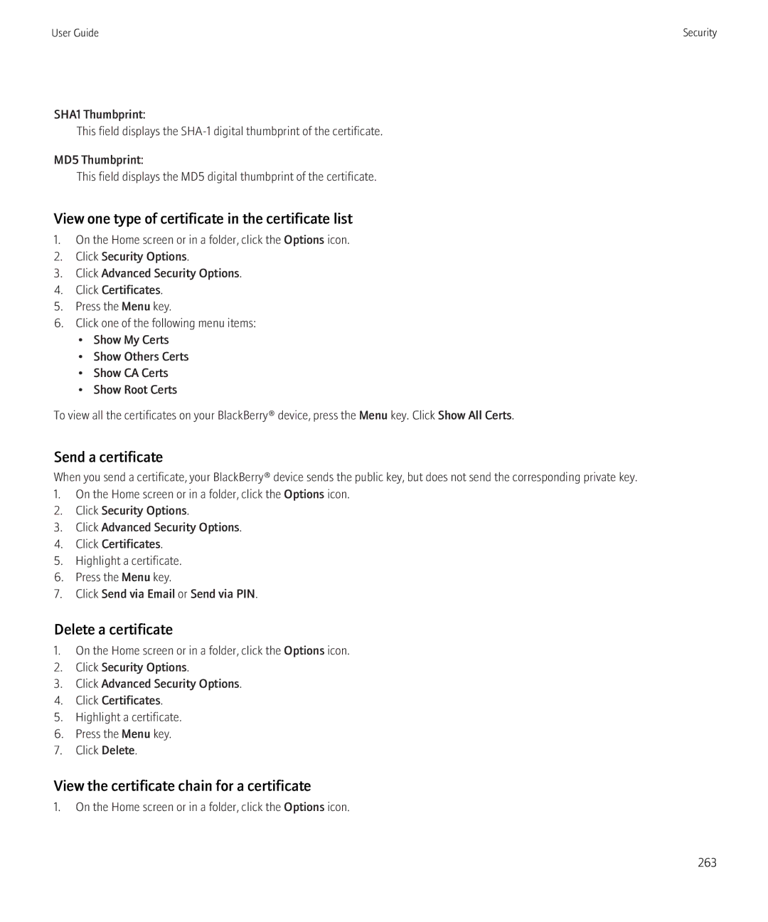 Blackberry 8350i manual View one type of certificate in the certificate list, Send a certificate, Delete a certificate 