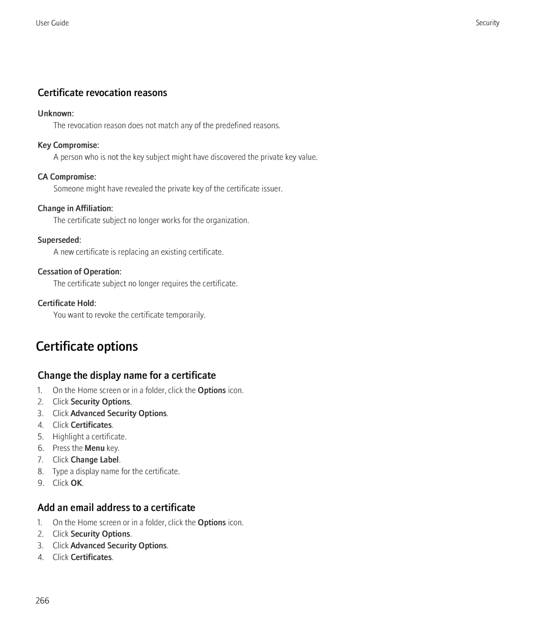 Blackberry 8350i manual Certificate options, Certificate revocation reasons, Change the display name for a certificate 