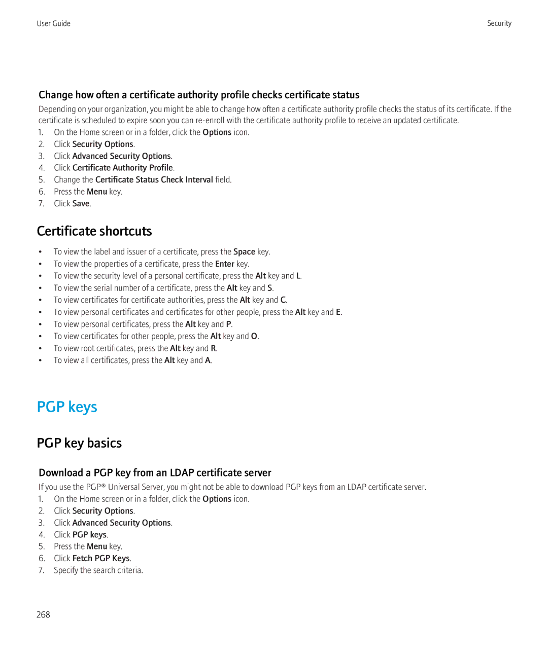 Blackberry 8350i manual PGP keys, Certificate shortcuts, PGP key basics, Download a PGP key from an Ldap certificate server 