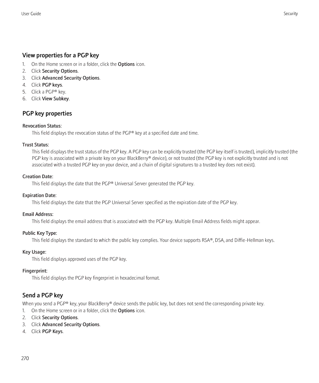 Blackberry 8350i manual View properties for a PGP key, PGP key properties, Send a PGP key 