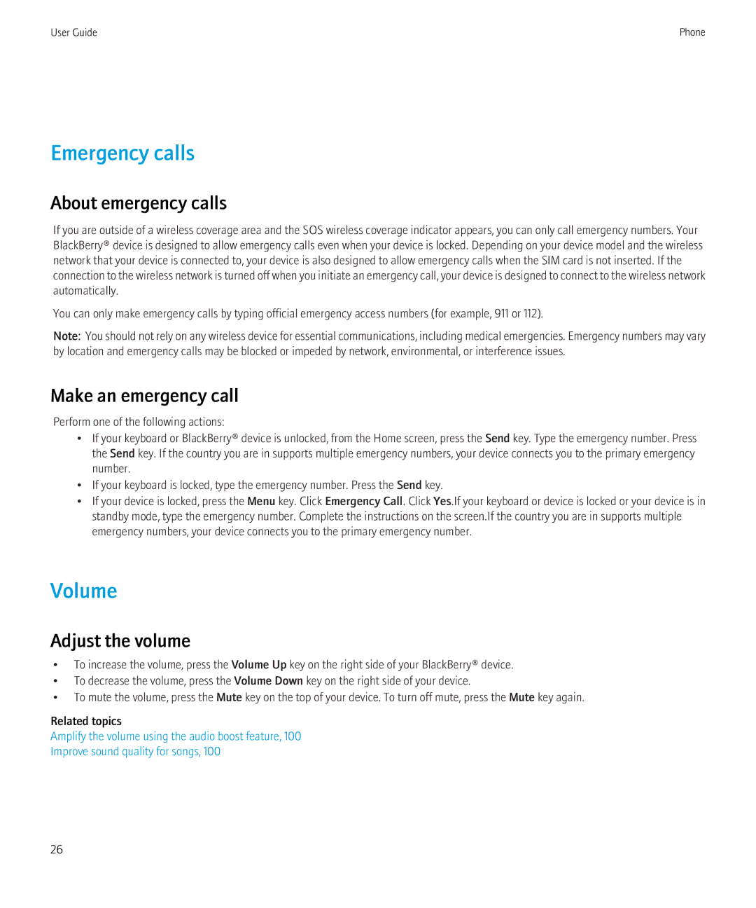 Blackberry 8350i manual Emergency calls, Volume, About emergency calls, Make an emergency call, Adjust the volume 