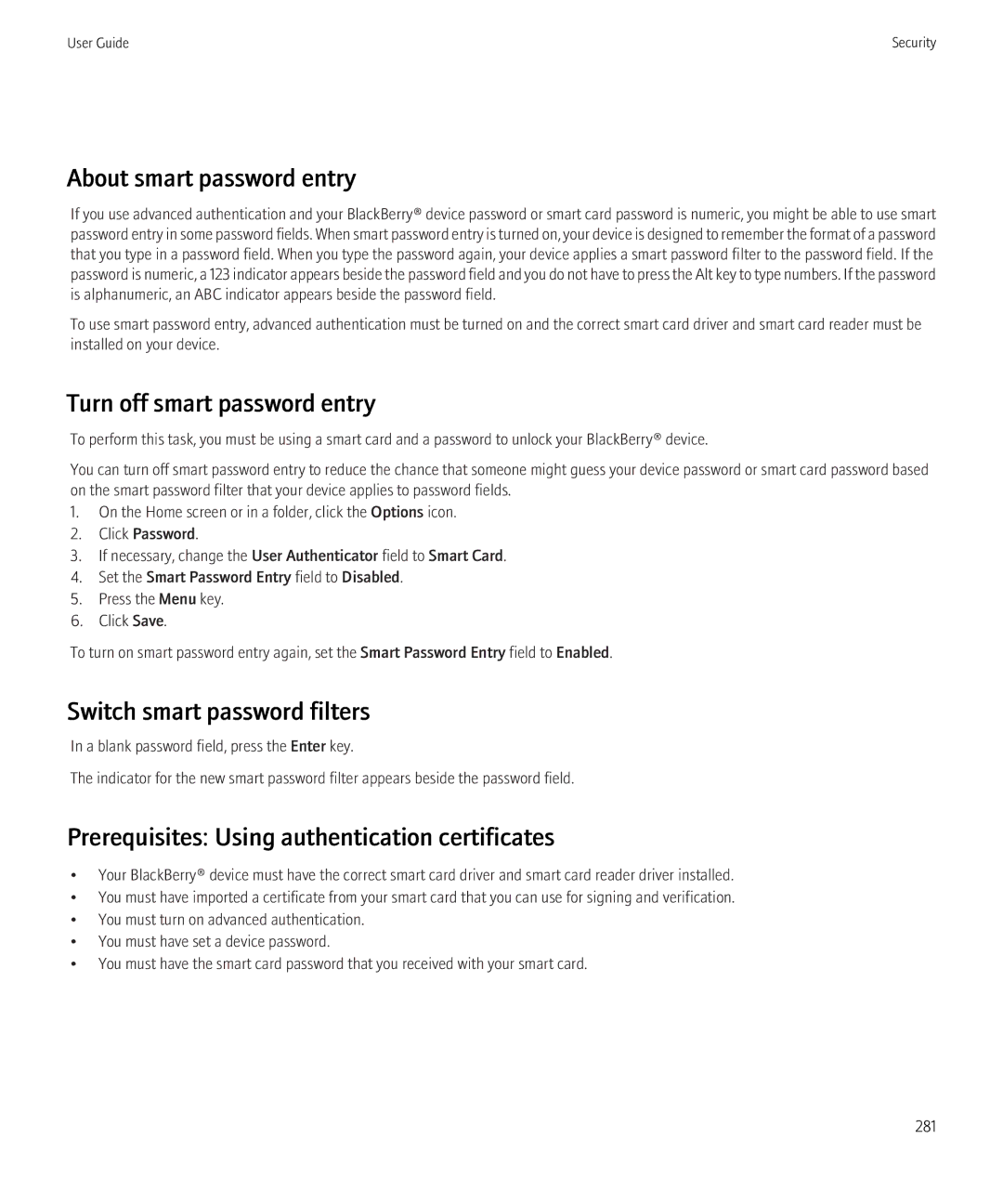 Blackberry 8350i manual About smart password entry, Turn off smart password entry, Switch smart password filters 