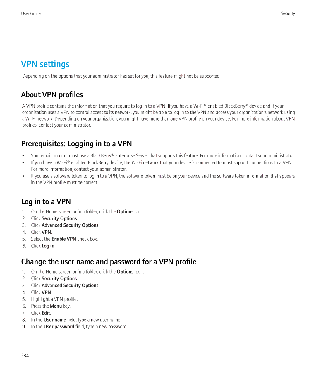 Blackberry 8350i manual VPN settings, About VPN profiles, Prerequisites Logging in to a VPN, Log in to a VPN 