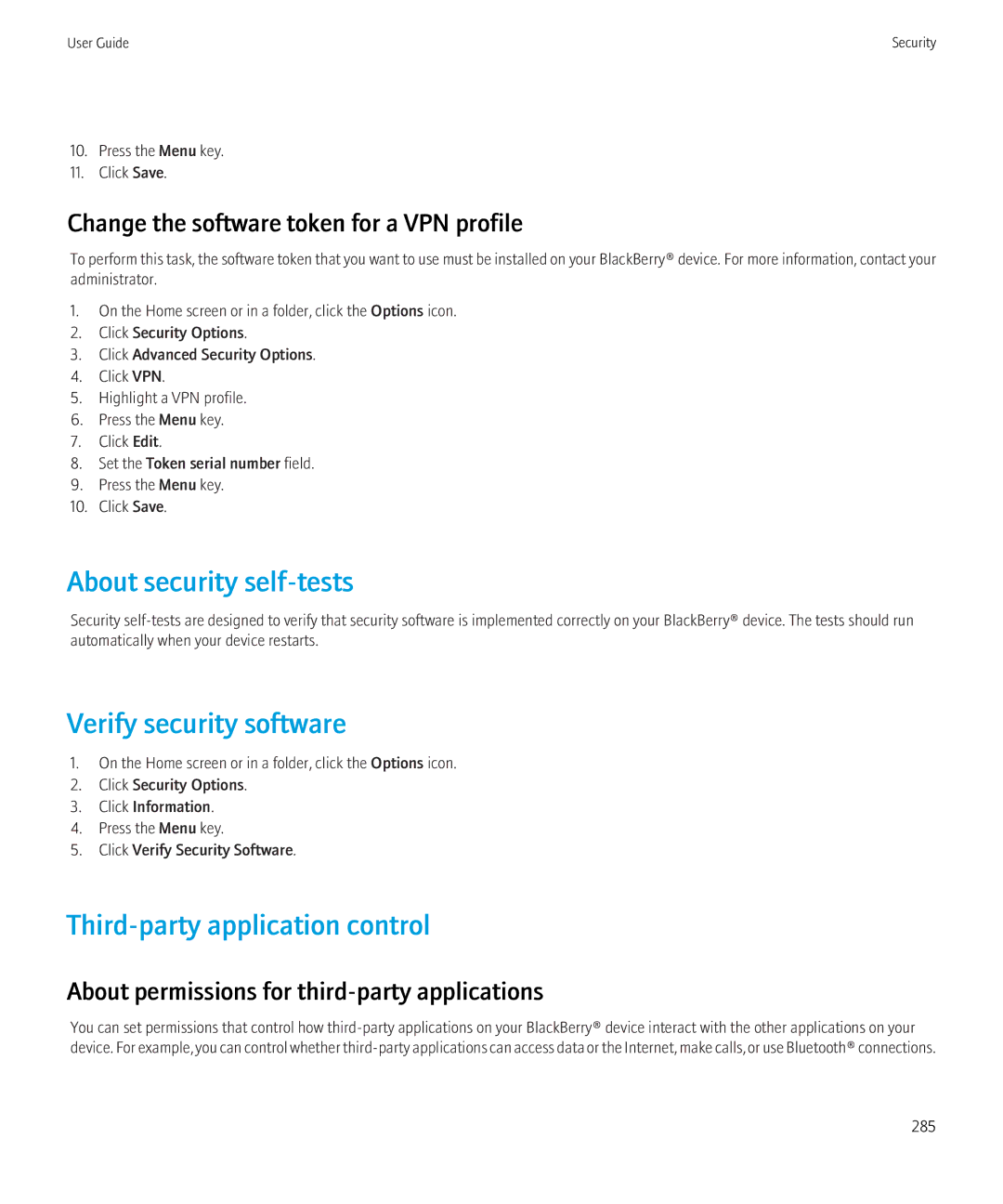 Blackberry 8350i manual About security self-tests, Verify security software, Third-party application control 