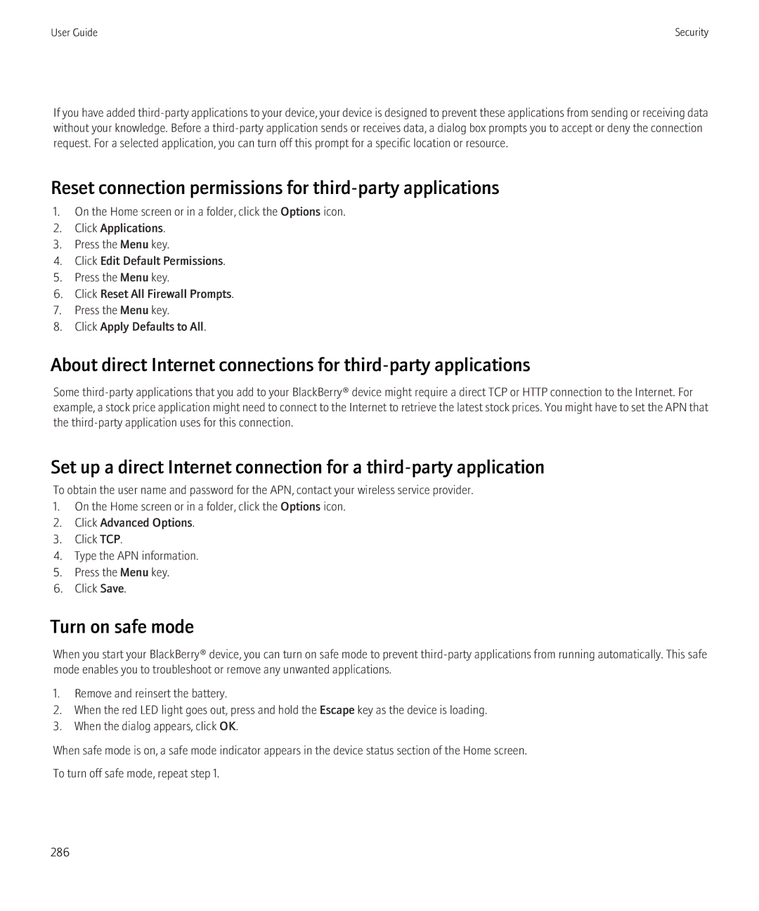 Blackberry 8350i manual Reset connection permissions for third-party applications, Turn on safe mode 
