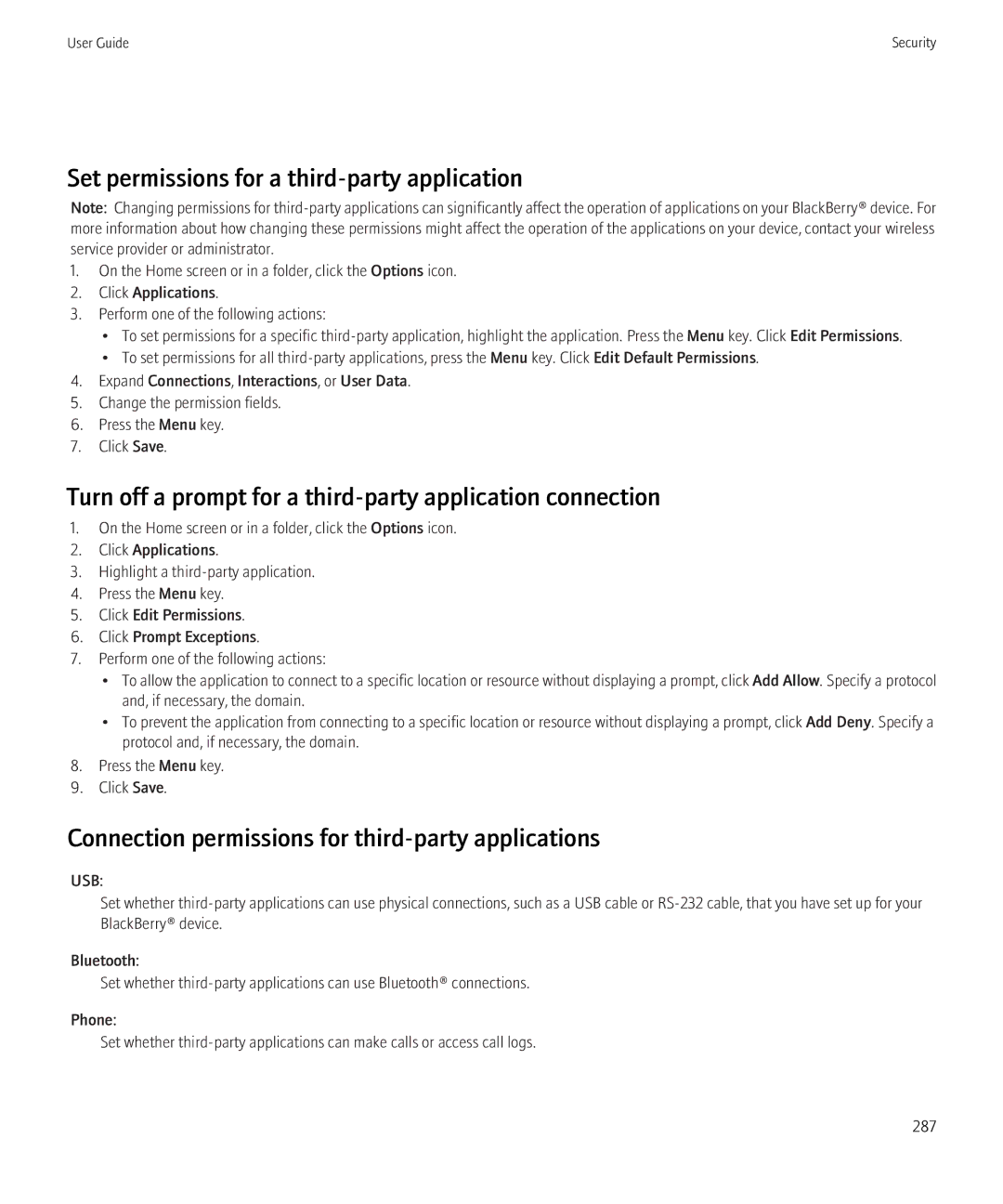 Blackberry 8350i Set permissions for a third-party application, Turn off a prompt for a third-party application connection 