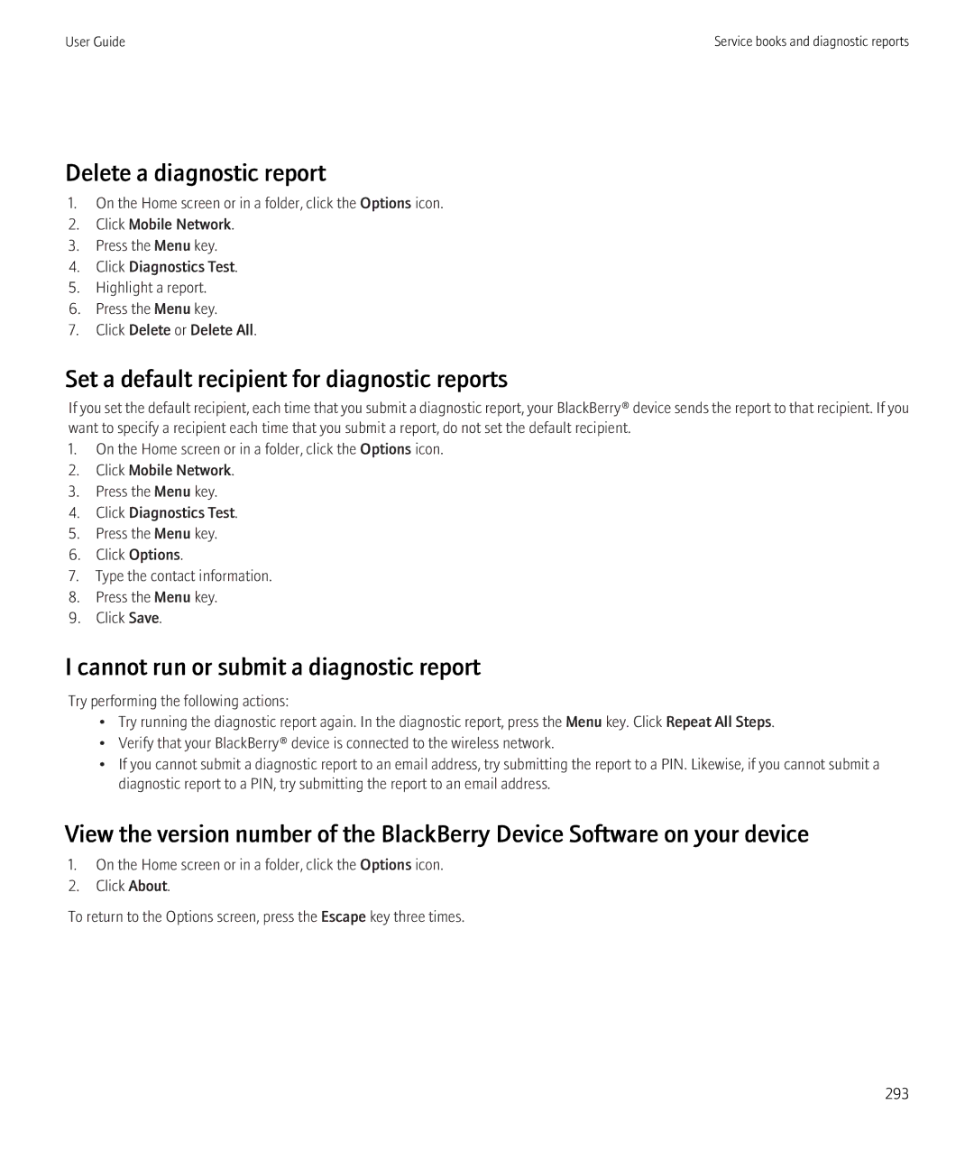 Blackberry 8350i manual Delete a diagnostic report, Set a default recipient for diagnostic reports 