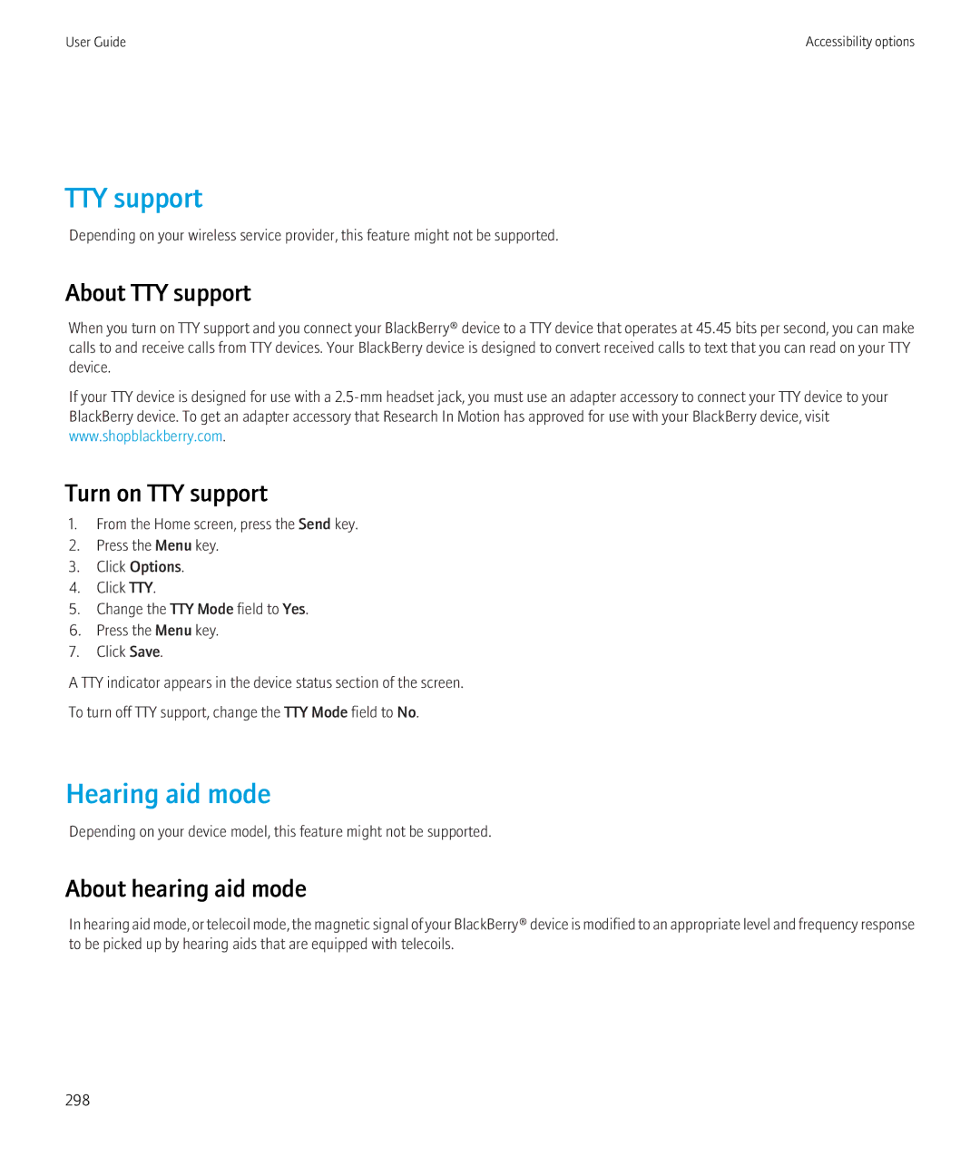 Blackberry 8350i manual TTY support, Hearing aid mode, About hearing aid mode 