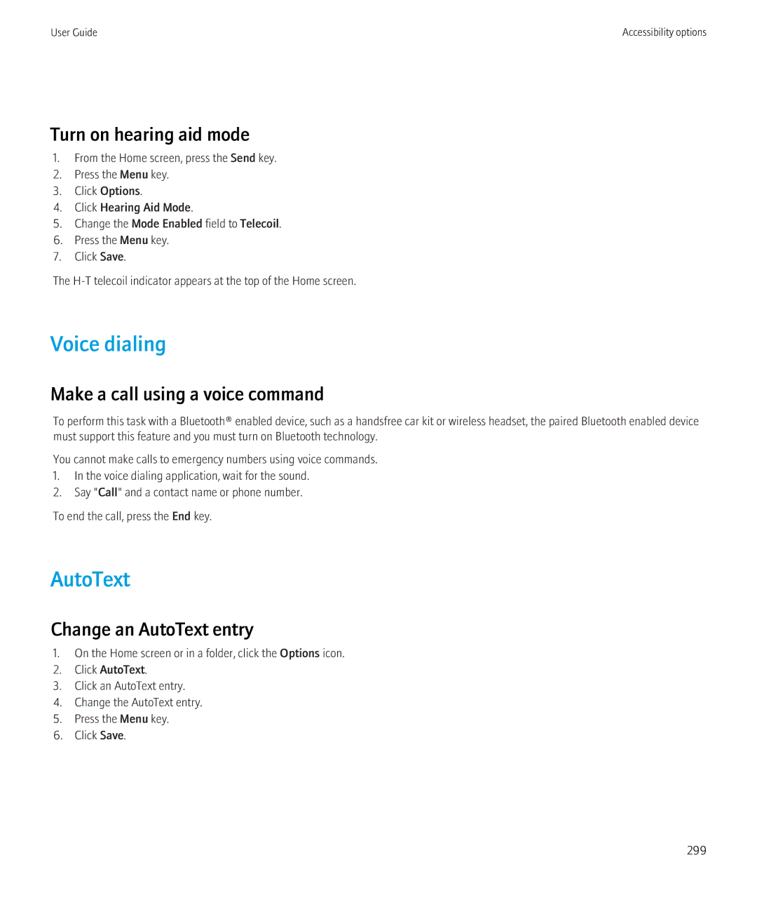 Blackberry 8350i manual Voice dialing, Turn on hearing aid mode, Make a call using a voice command 