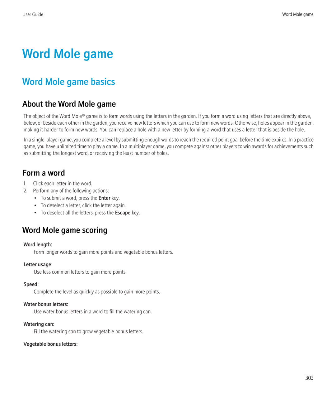 Blackberry 8350i manual Word Mole game basics, About the Word Mole game, Form a word, Word Mole game scoring 