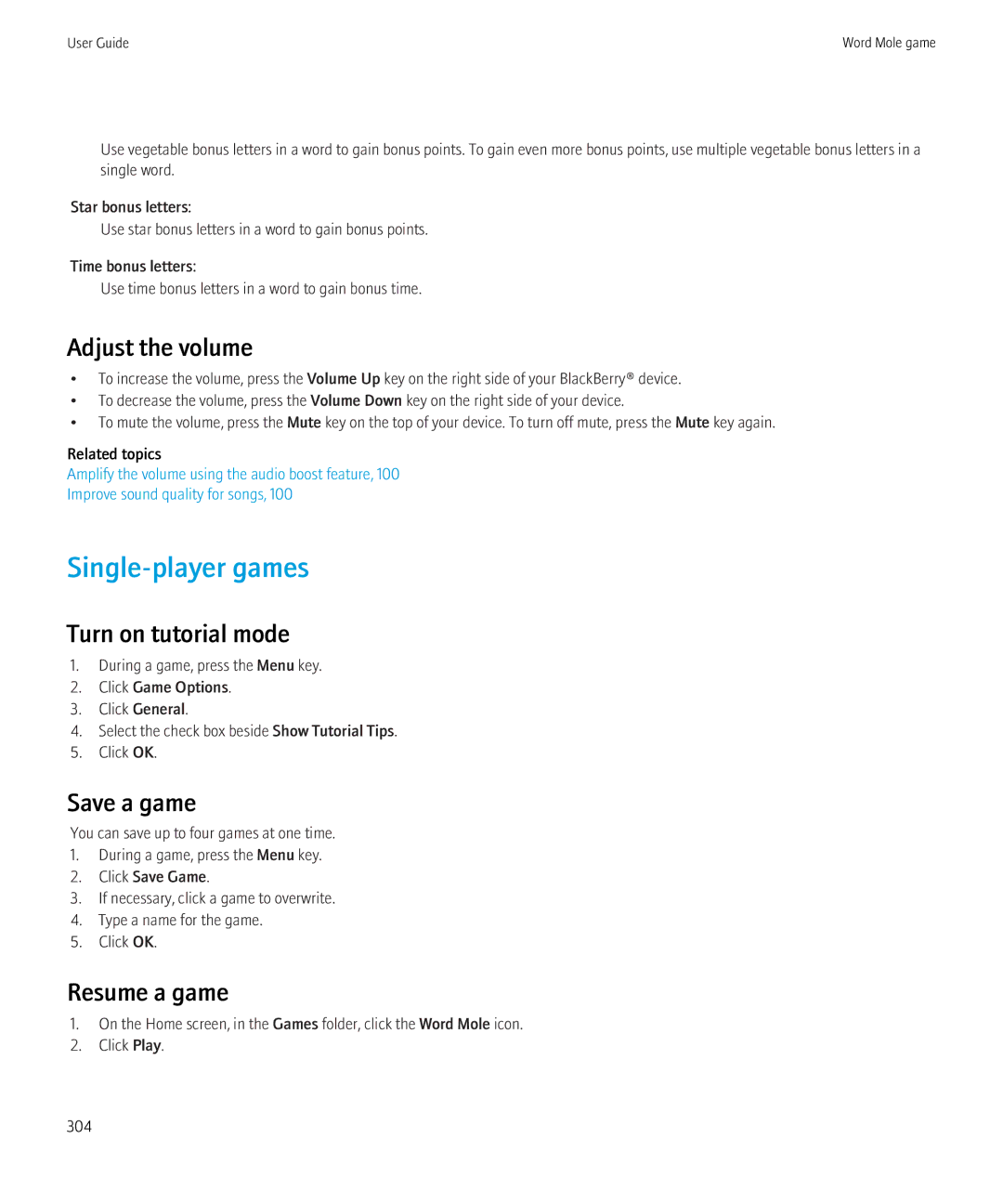 Blackberry 8350i manual Single-player games, Turn on tutorial mode, Save a game, Resume a game 