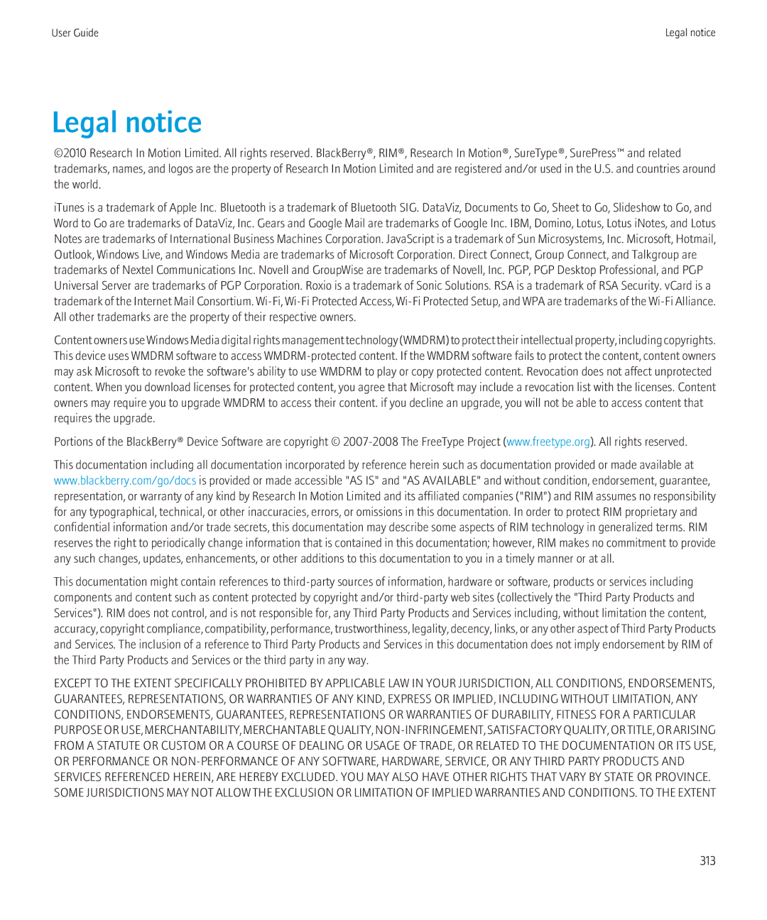 Blackberry 8350i manual Legal notice, 313 