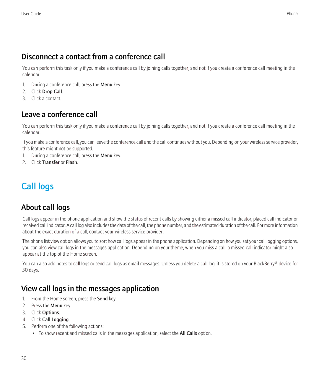 Blackberry 8350i manual Call logs, Disconnect a contact from a conference call, Leave a conference call, About call logs 