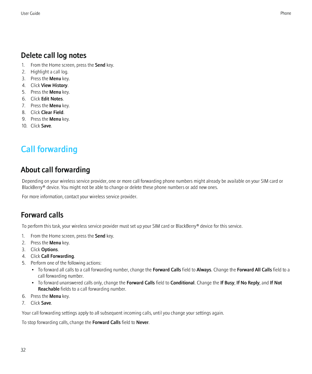 Blackberry 8350i manual Call forwarding, Delete call log notes, About call forwarding, Forward calls 