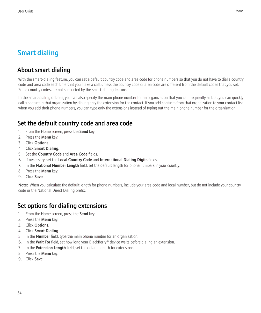 Blackberry 8350i manual Smart dialing, About smart dialing, Set the default country code and area code 