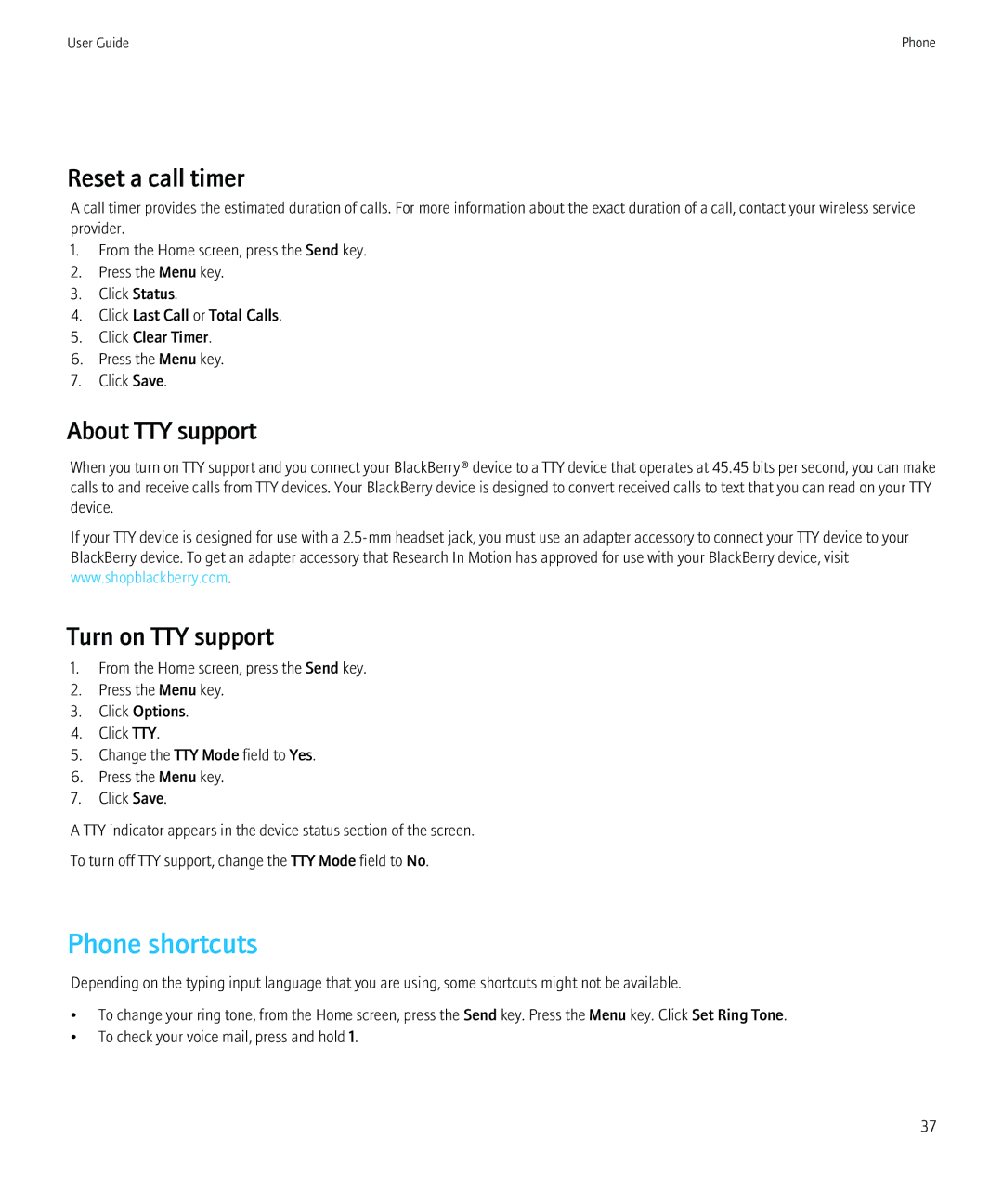 Blackberry 8350i manual Reset a call timer, About TTY support, Turn on TTY support 