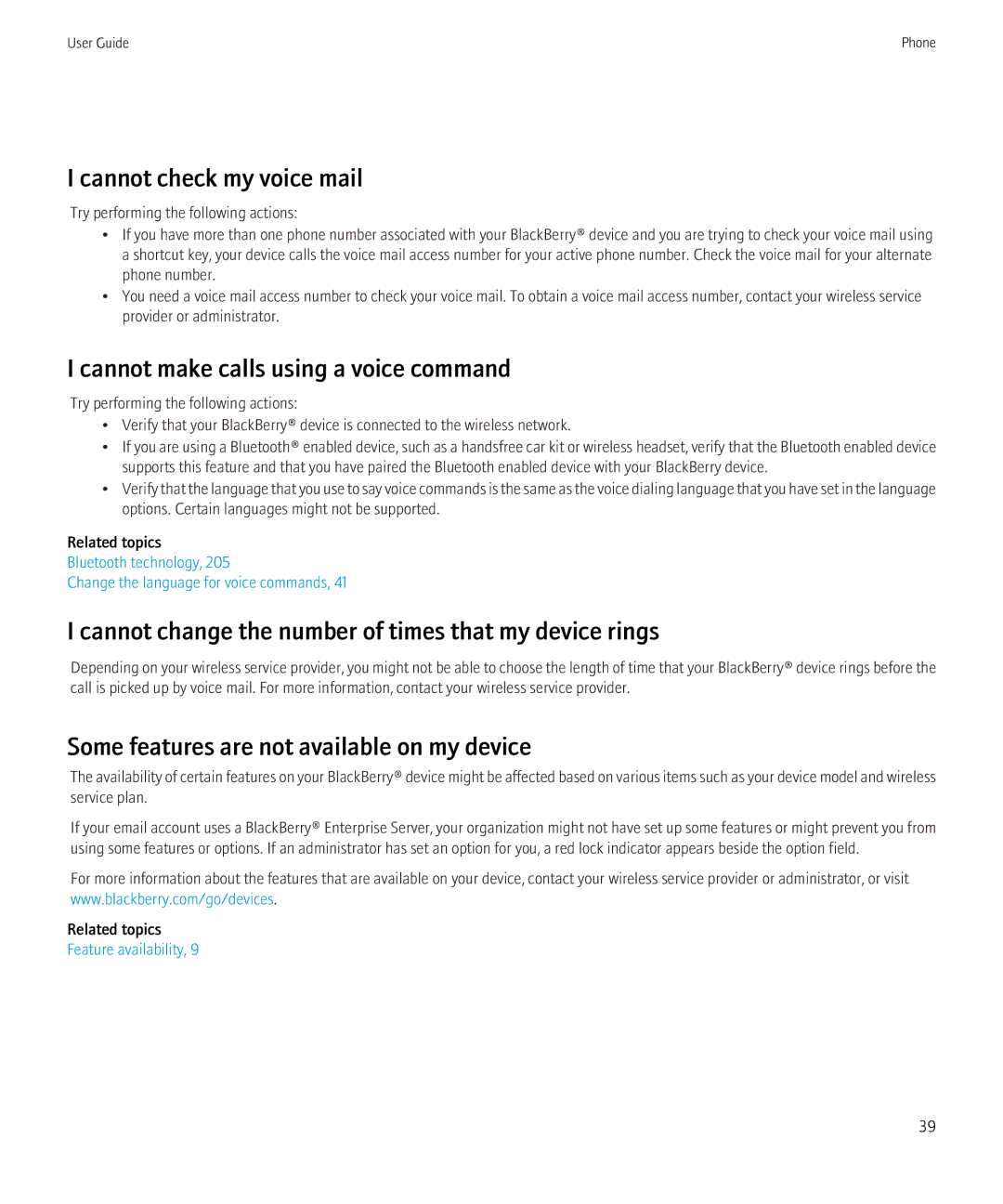 Blackberry 8350i manual Cannot check my voice mail, Cannot make calls using a voice command 