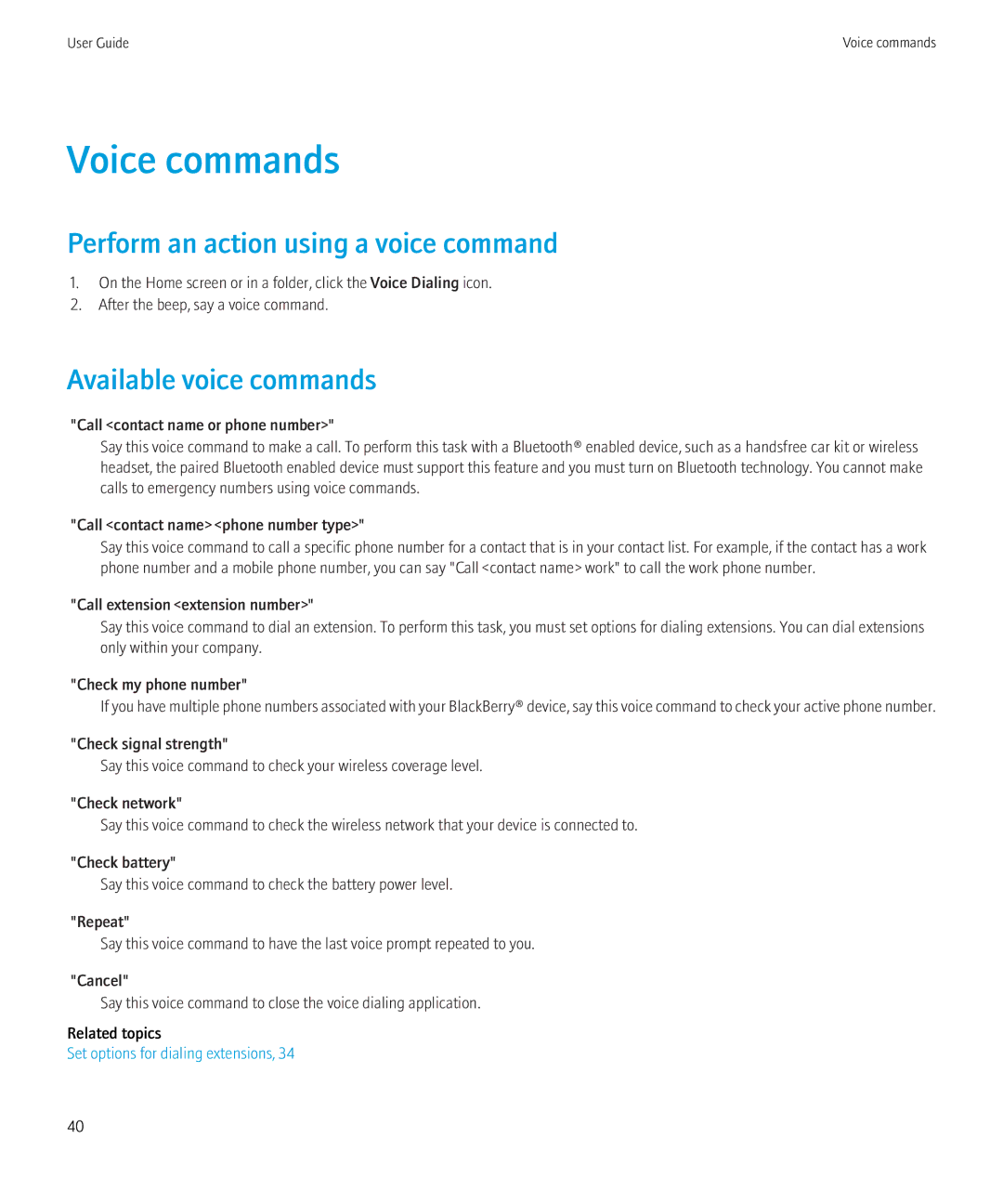 Blackberry 8350i manual Voice commands, Perform an action using a voice command, Available voice commands 