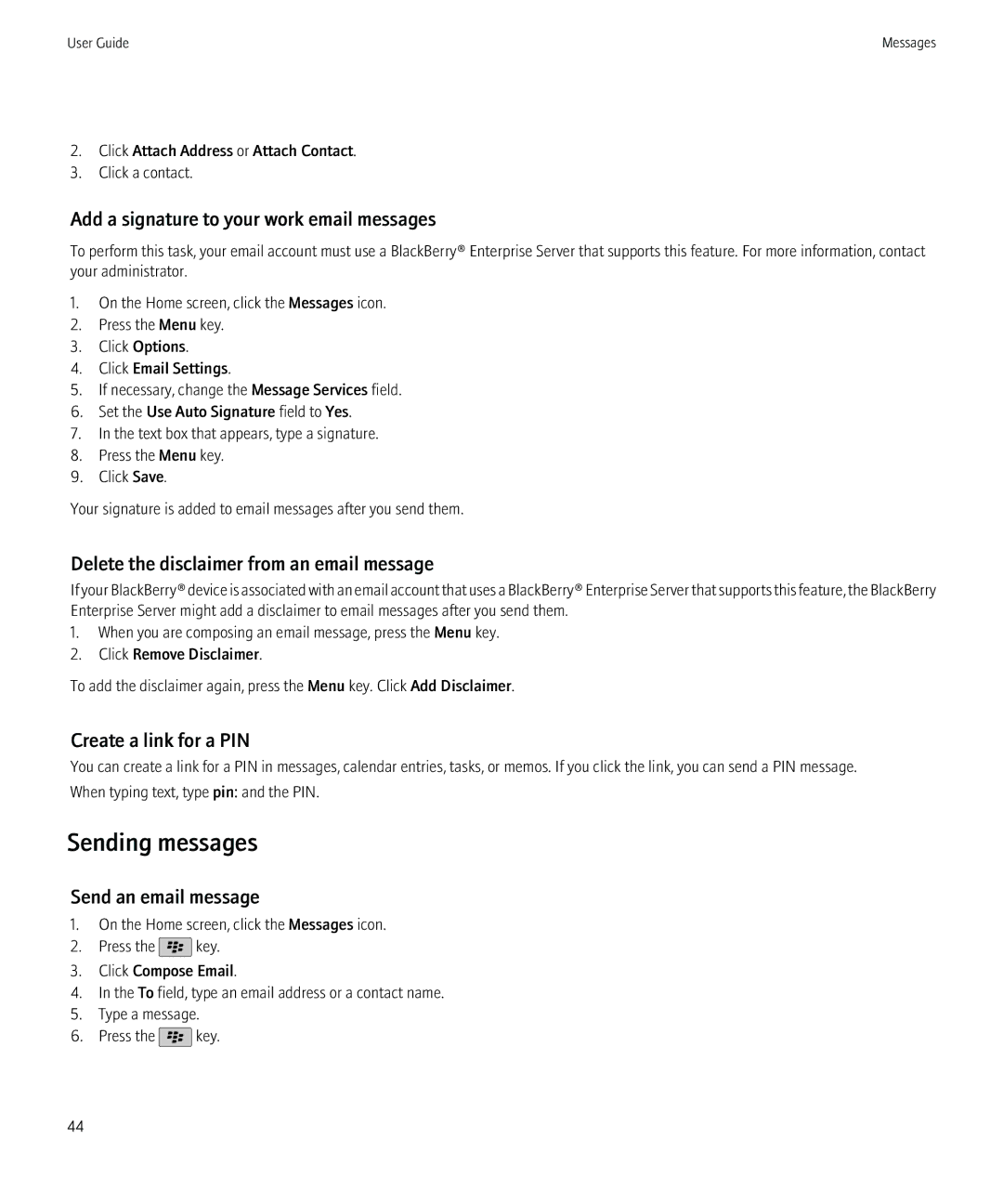 Blackberry 8350i manual Sending messages, Add a signature to your work email messages, Create a link for a PIN 