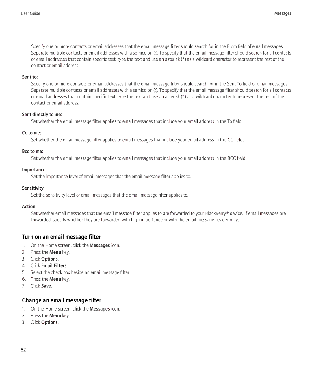 Blackberry 8350i manual Turn on an email message filter, Change an email message filter 