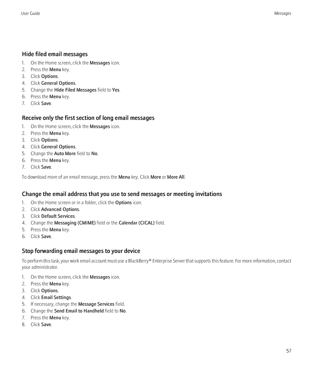 Blackberry 8350i manual Hide filed email messages, Receive only the first section of long email messages 