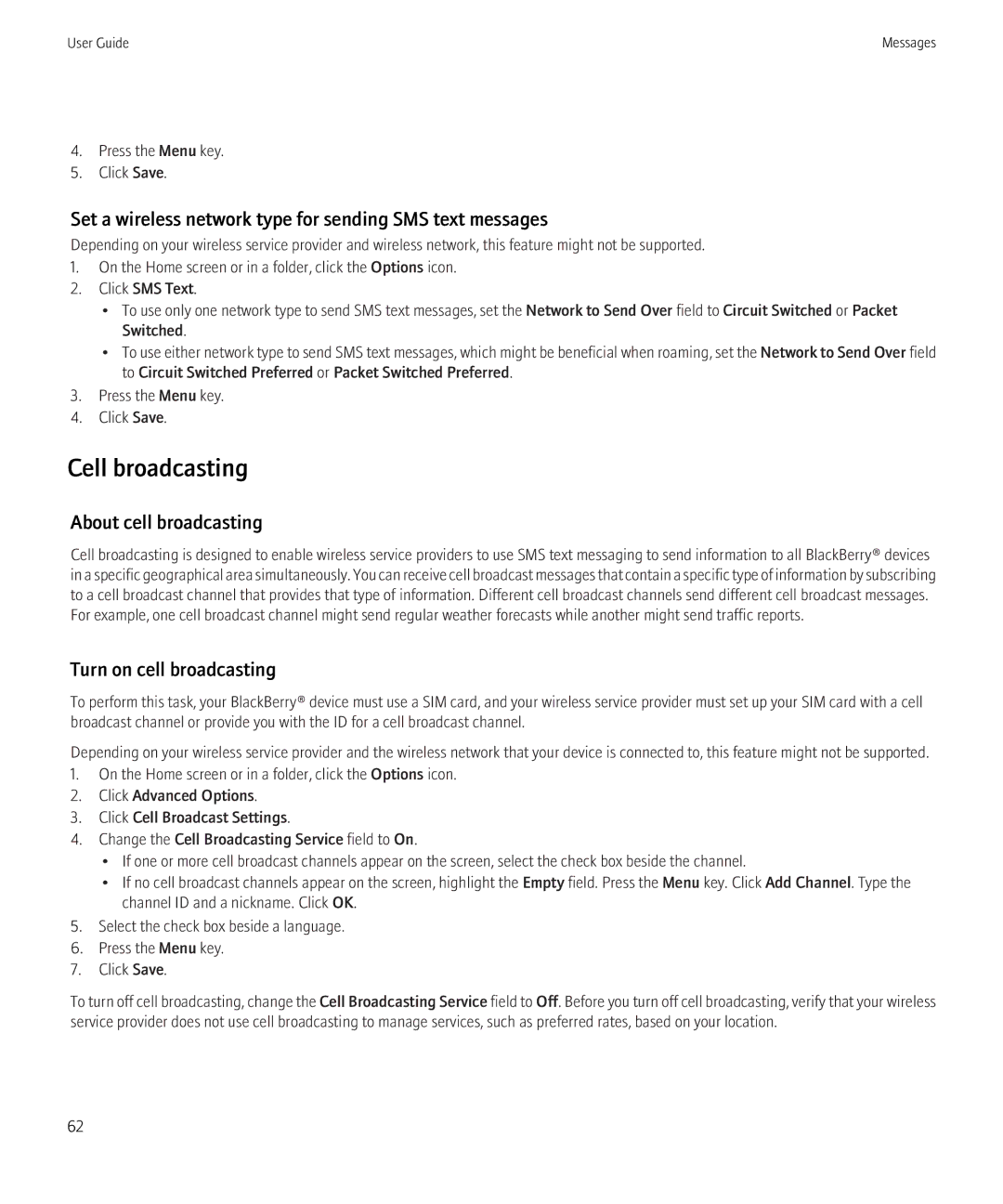 Blackberry 8350i Cell broadcasting, Set a wireless network type for sending SMS text messages, About cell broadcasting 