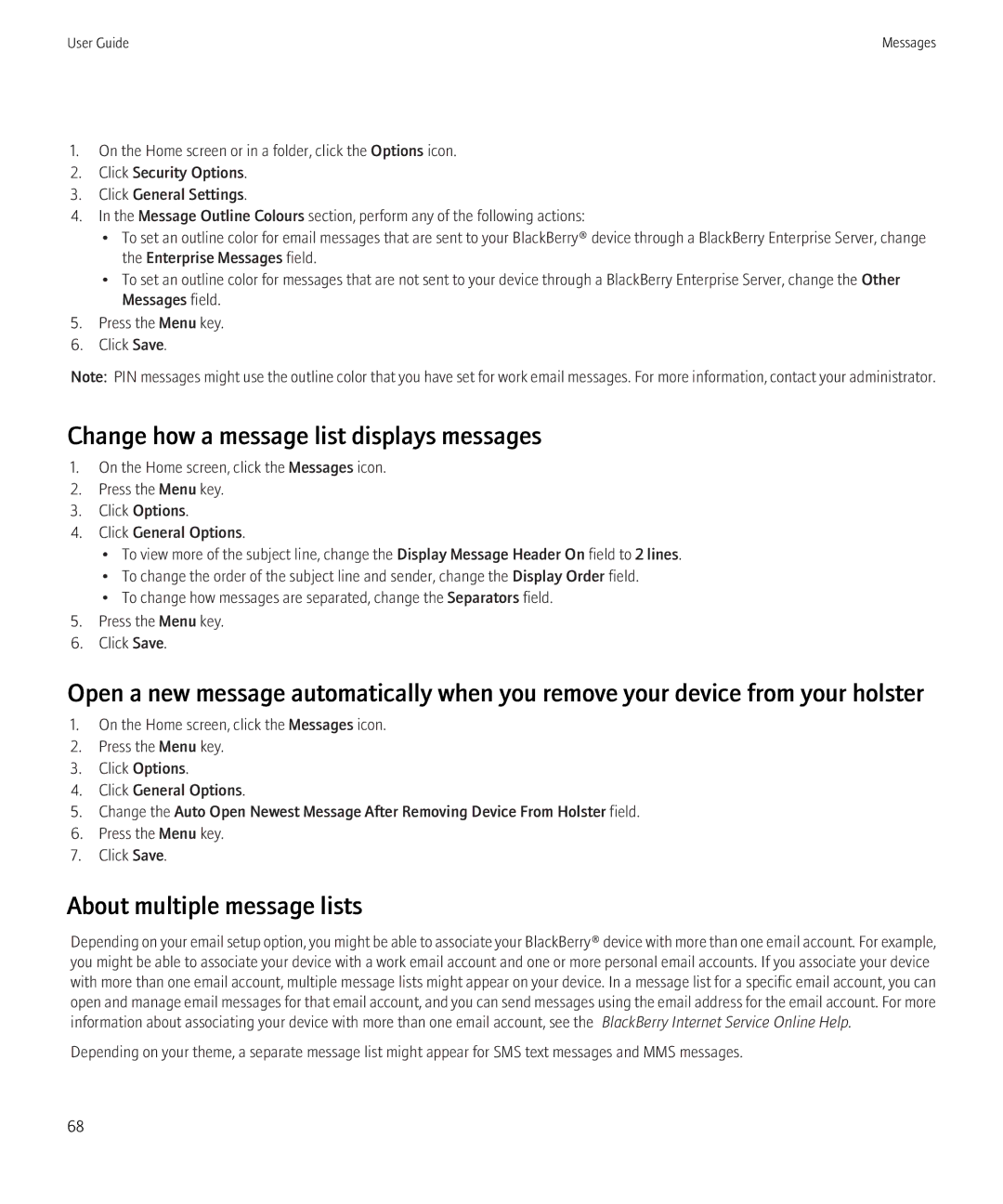 Blackberry 8350i manual Change how a message list displays messages, About multiple message lists 