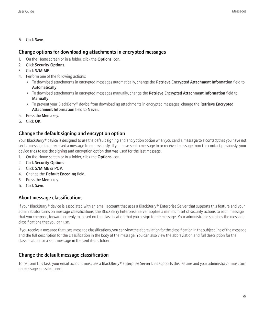 Blackberry 8350i manual Change the default signing and encryption option, About message classifications 