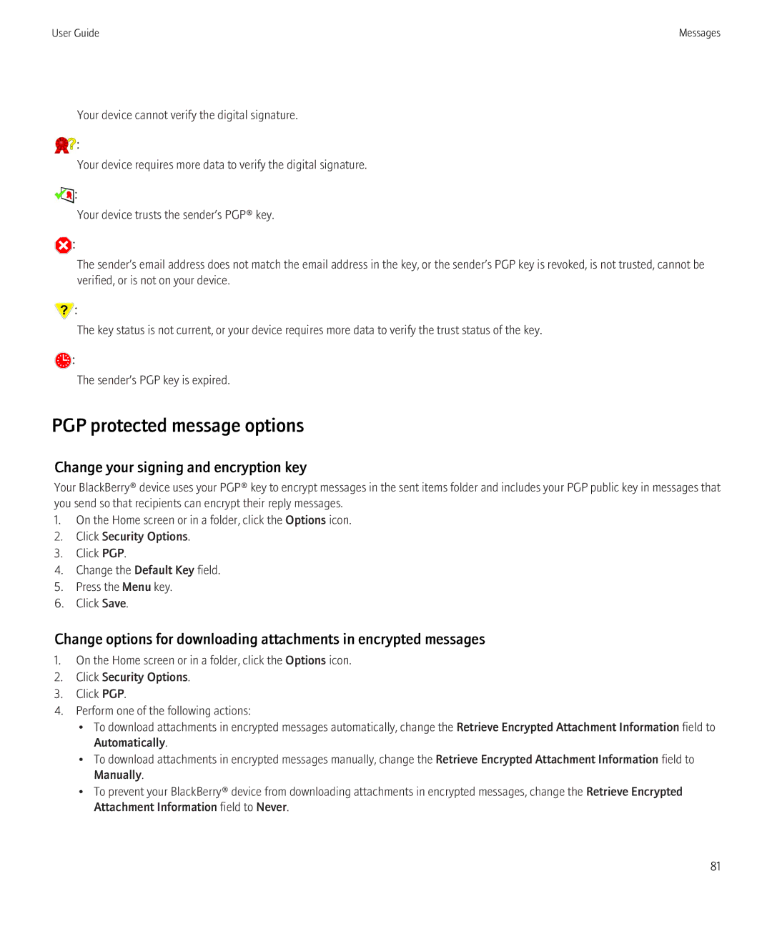 Blackberry 8350i manual PGP protected message options, Change your signing and encryption key 