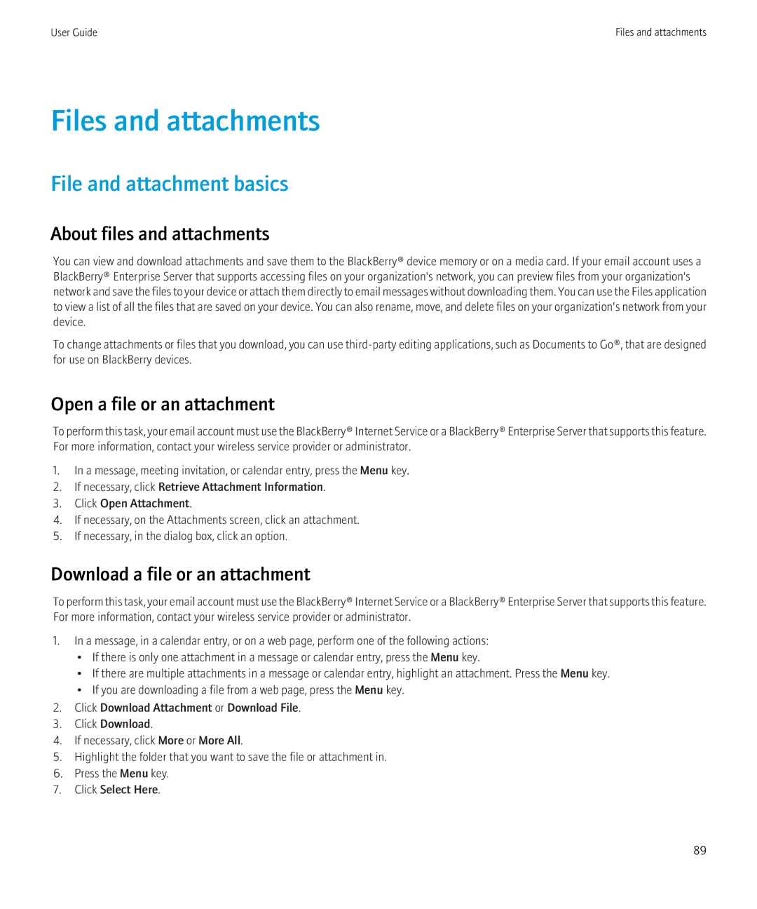 Blackberry 8350i manual Files and attachments, File and attachment basics, About files and attachments 