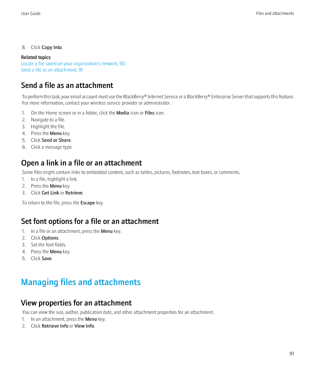 Blackberry 8350i Managing files and attachments, Send a file as an attachment, Open a link in a file or an attachment 