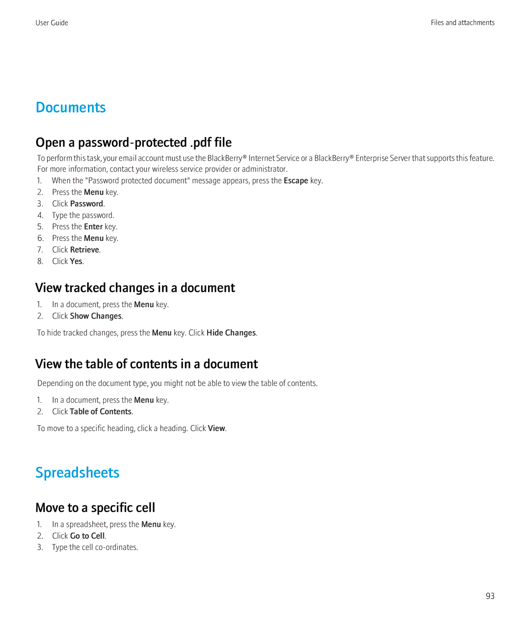 Blackberry 8350i Documents, Spreadsheets, View tracked changes in a document, View the table of contents in a document 