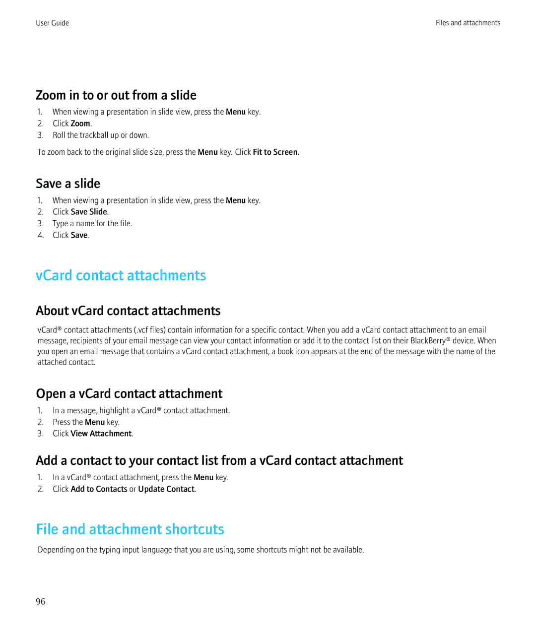 Blackberry 8350i VCard contact attachments, Zoom in to or out from a slide, Save a slide, About vCard contact attachments 