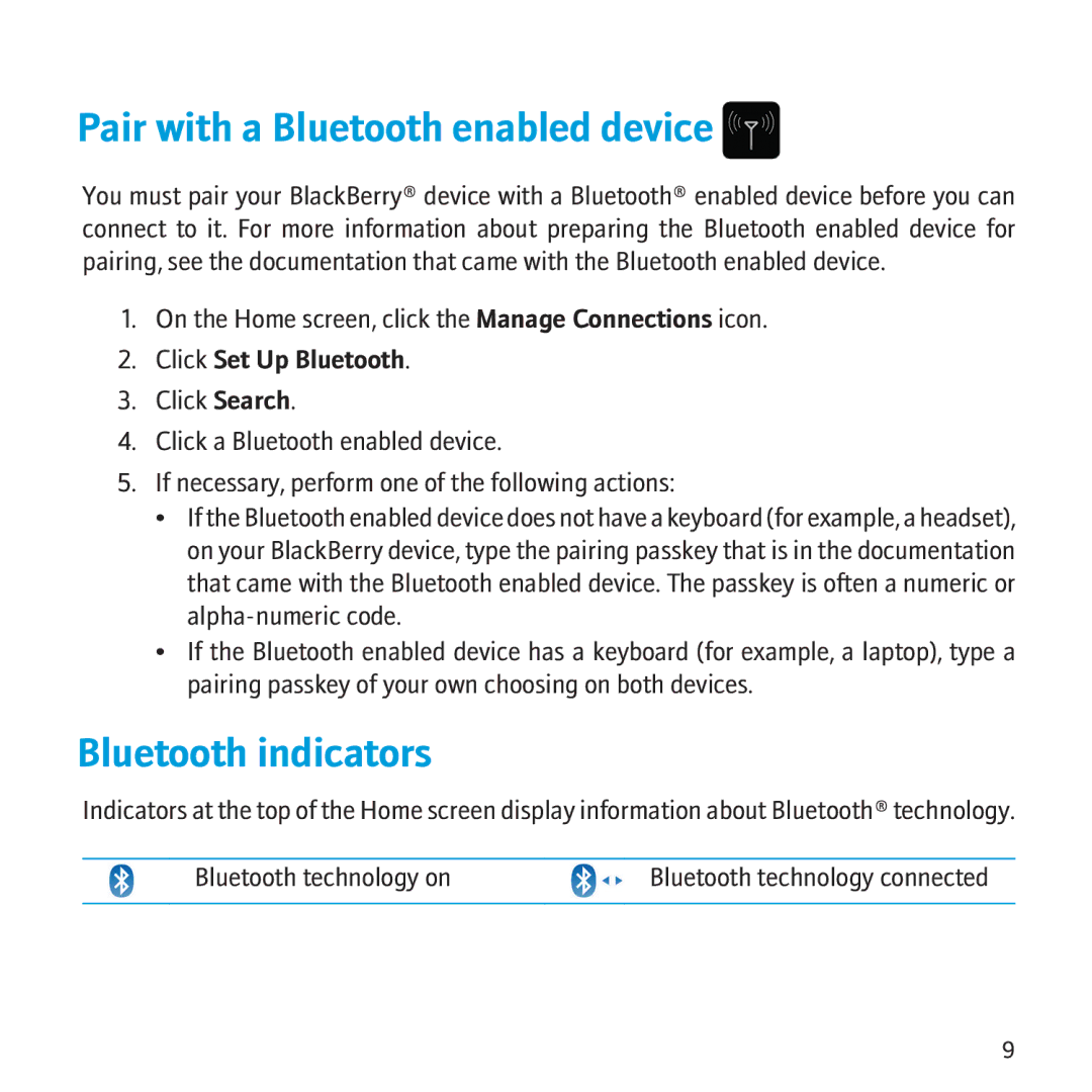 Blackberry 8500 manual Pair with a Bluetooth enabled device, Bluetooth indicators, Click Set Up Bluetooth 