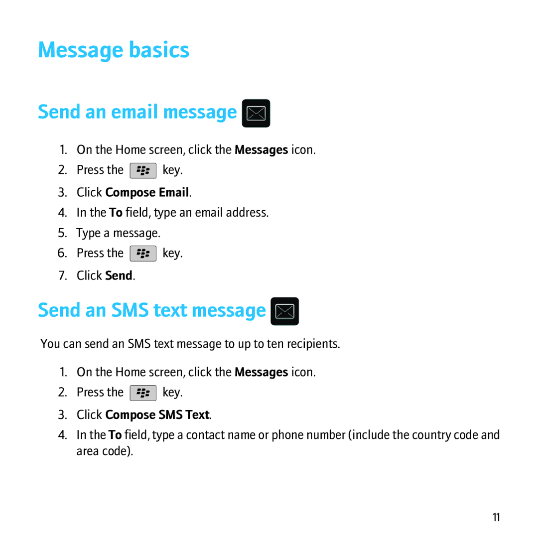 Blackberry 8500 manual Message basics, Send an email message, Send an SMS text message, Click Compose Email 