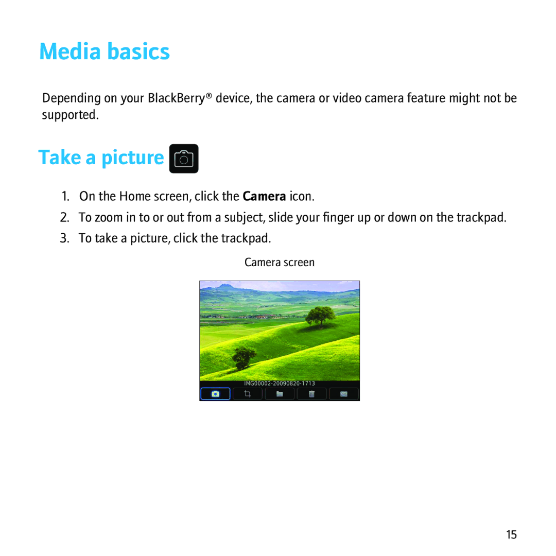 Blackberry 8500 manual Media basics, Take a picture 