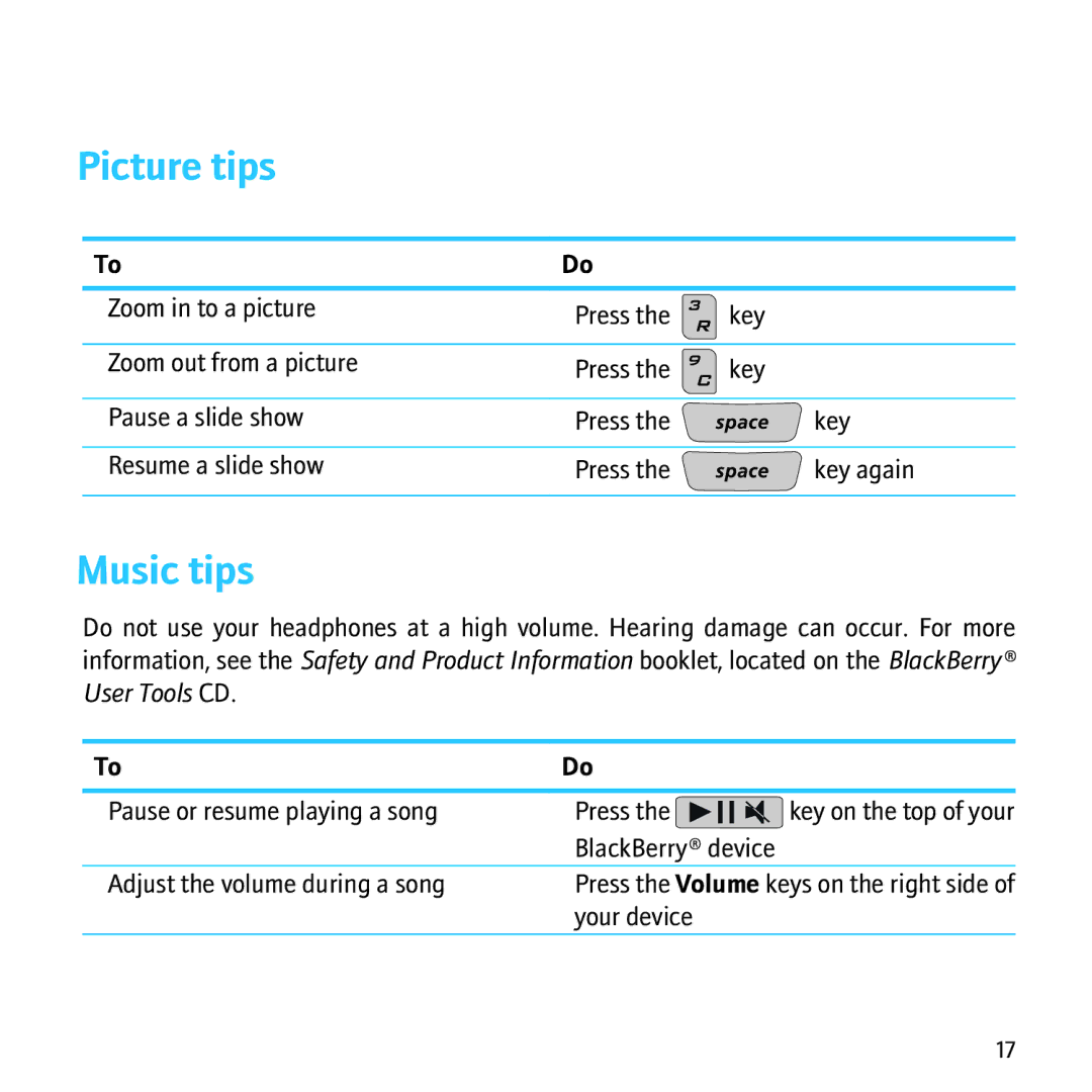 Blackberry 8500 manual Picture tips, Music tips 