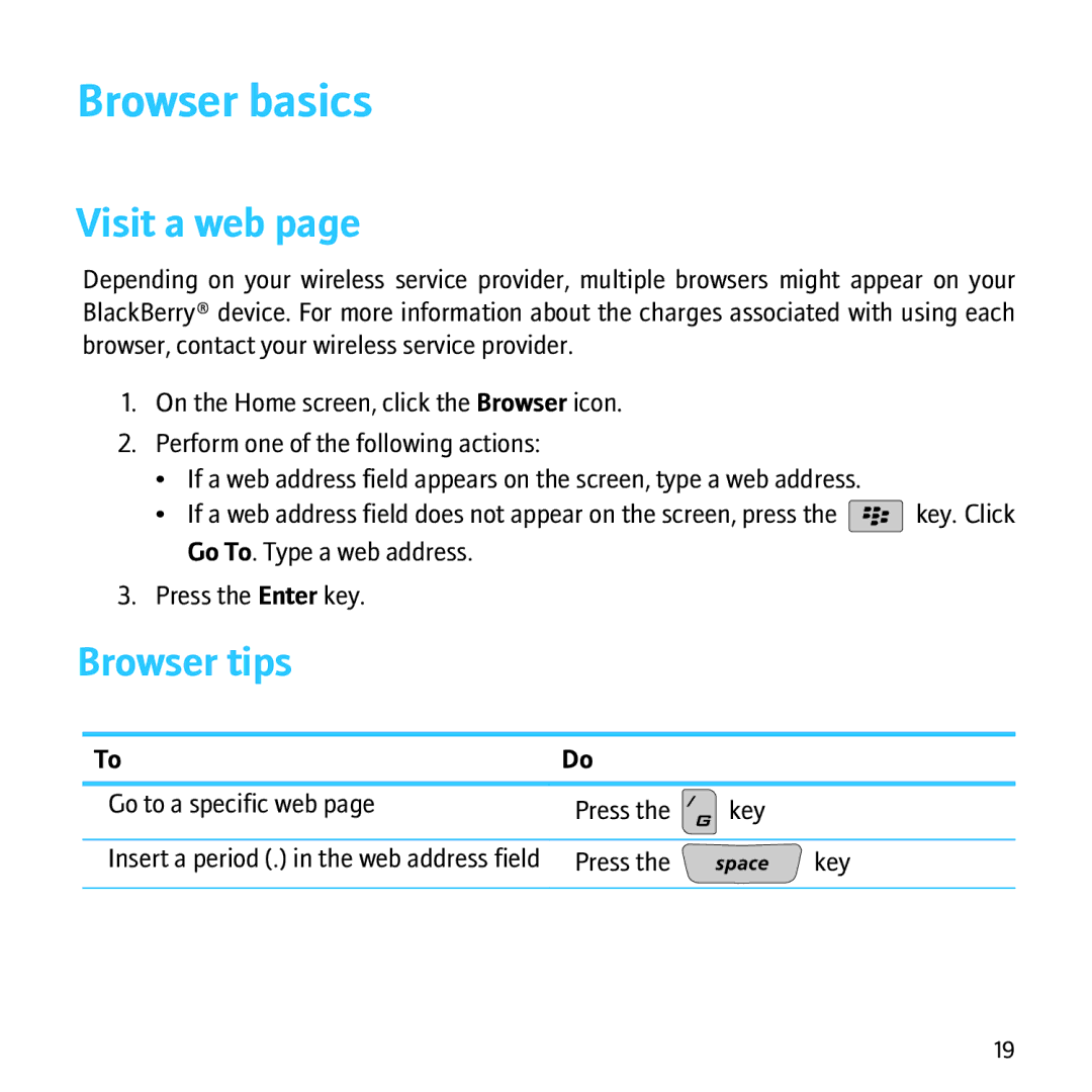 Blackberry 8500 manual Browser basics, Visit a web, Browser tips 