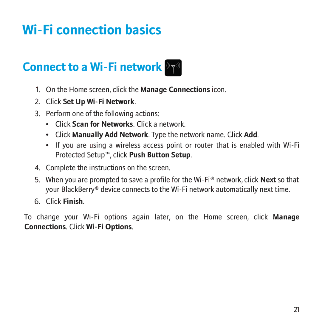 Blackberry 8500 manual Wi-Fi connection basics, Connect to a Wi-Fi network, Click Set Up Wi-Fi Network 