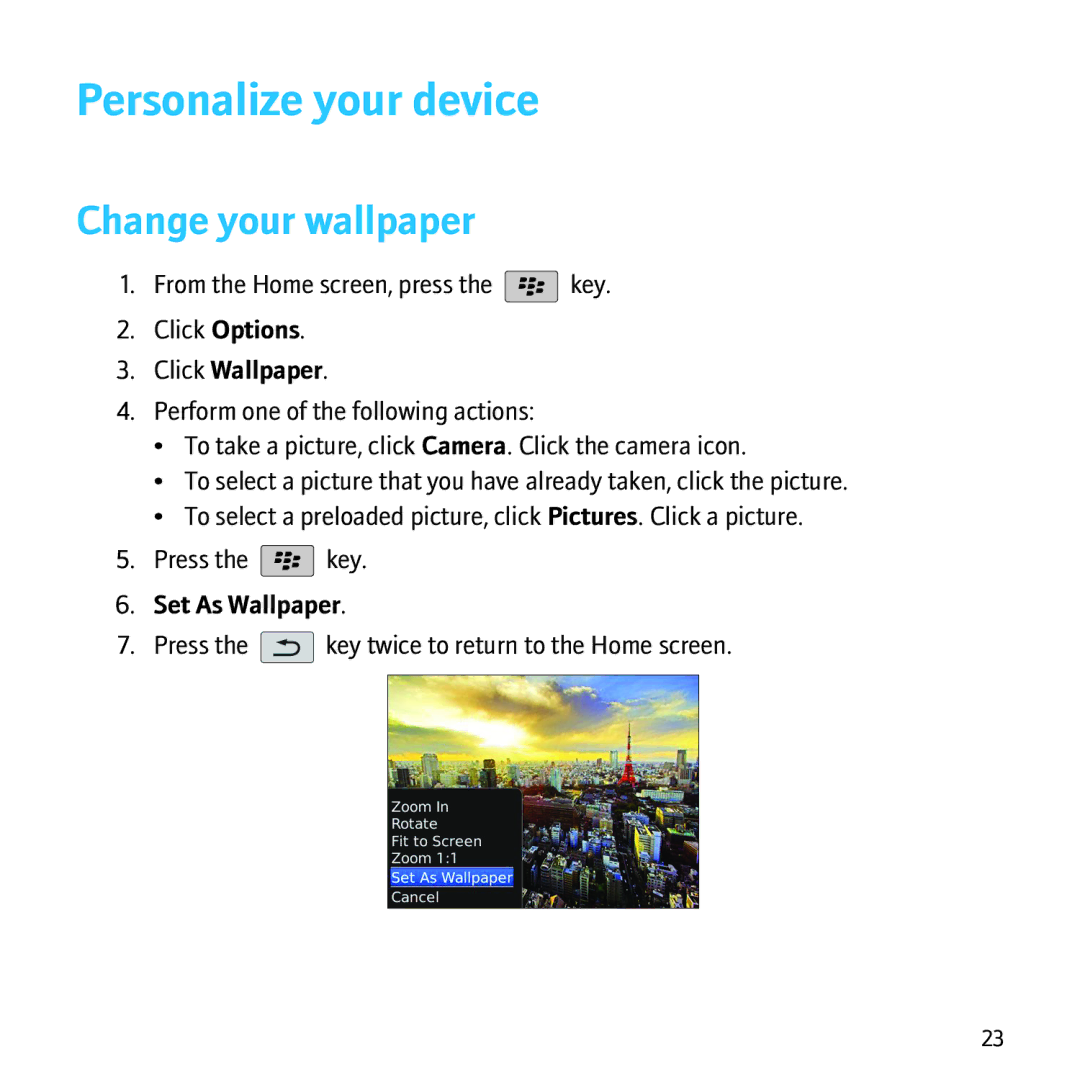 Blackberry 8500 manual Personalize your device, Change your wallpaper, Click Wallpaper, Set As Wallpaper 