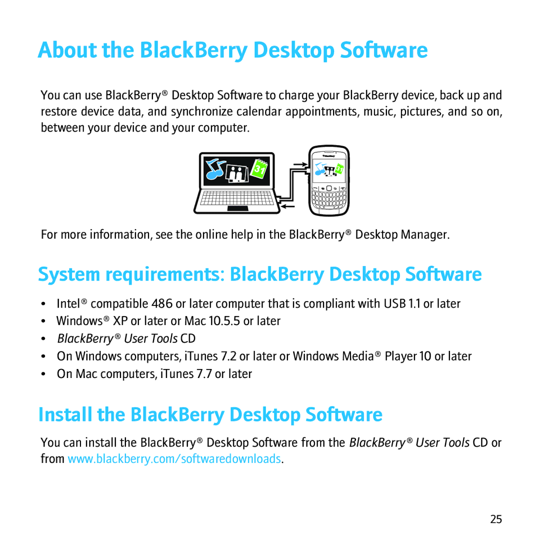 Blackberry 8500 manual About the BlackBerry Desktop Software, System requirements BlackBerry Desktop Software 